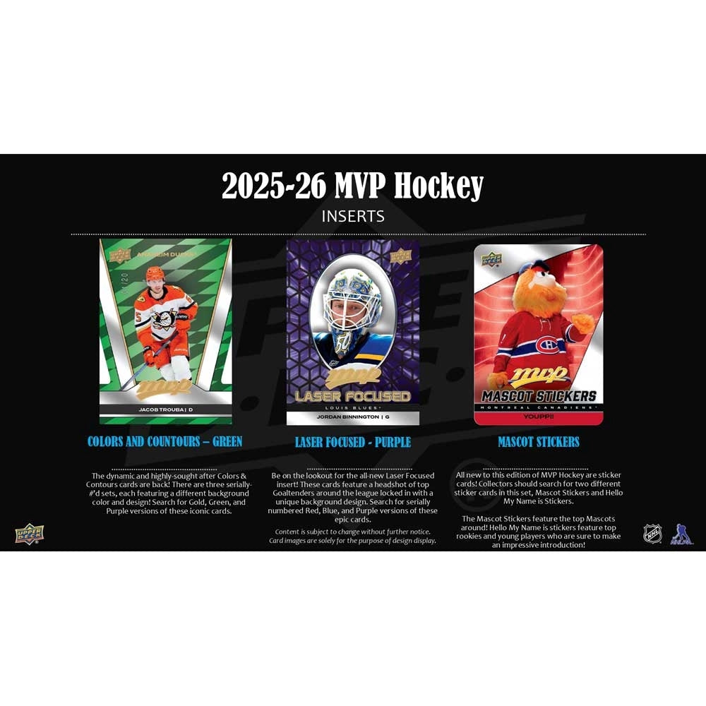 2025-26 Upper Deck MVP -jääkiekkoharrastuslaatikko - Aloittelijoille, inserteille ja rinnakkaisille pelaajille