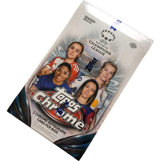 Samlarbox Topps Chrome UEFA Women’s Champions League 2023/24 fotbollskort med glansiga kort på damfotbollens stjärnor.