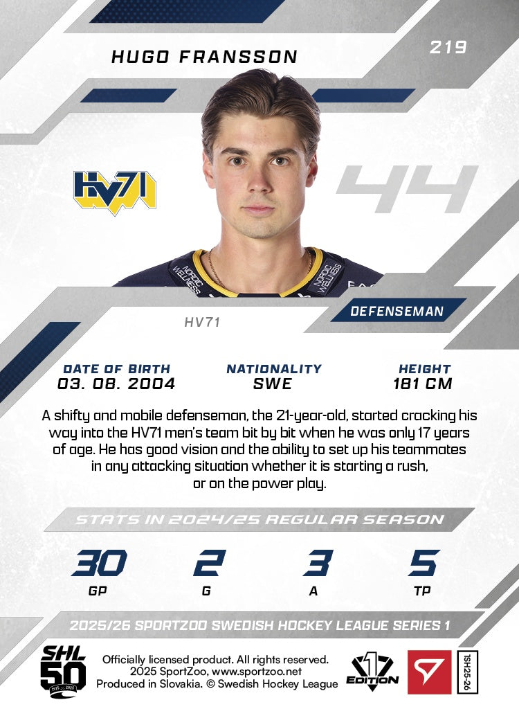 219 HV71 HUGO FRANSSON - VAALEANPUNAINEN