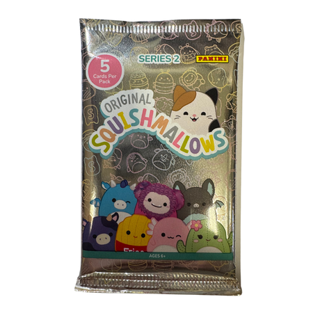 2025 Panini Squishmallows Series 2 samlarbilder i oöppnat boosterpaket med gulliga Squishmallows samlarkort.