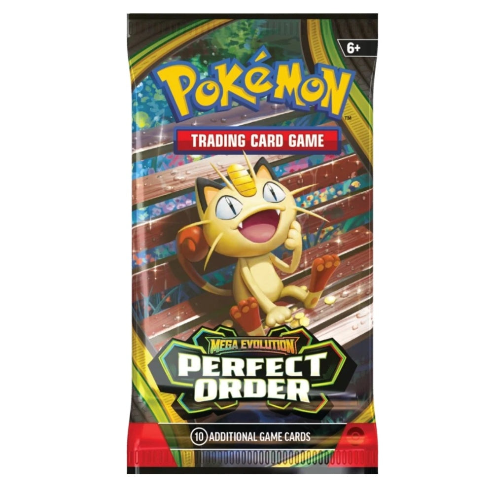 Pokémon Mega Evolution Perfect Order booster pack med 10 samlarkort, officiellt Pokémon TCG paket.