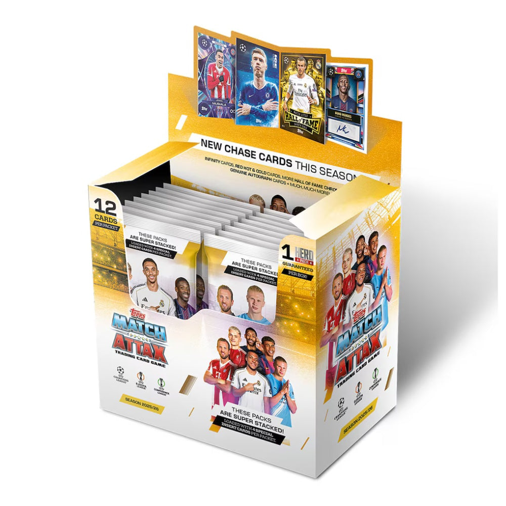 Topps Match Attax 25/26 hel box med fotbollskort, samlarbilder från säsongen 2025/2026.