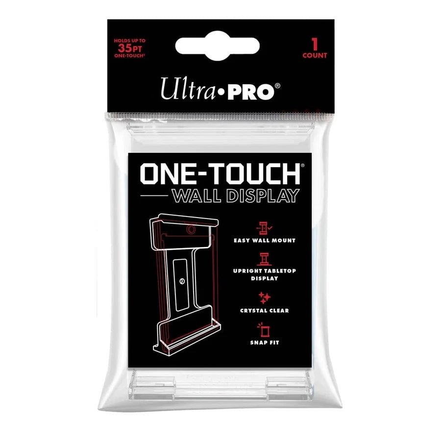 Svart Ultra PRO One Touch väggfäste för display av samlarkort i skyddsfodral monterat på vägg.