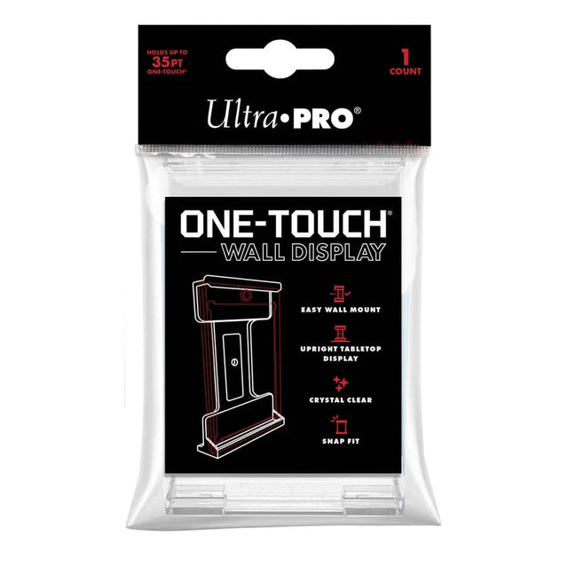 Svart Ultra PRO One Touch väggfäste för display av samlarkort i skyddsfodral monterat på vägg.